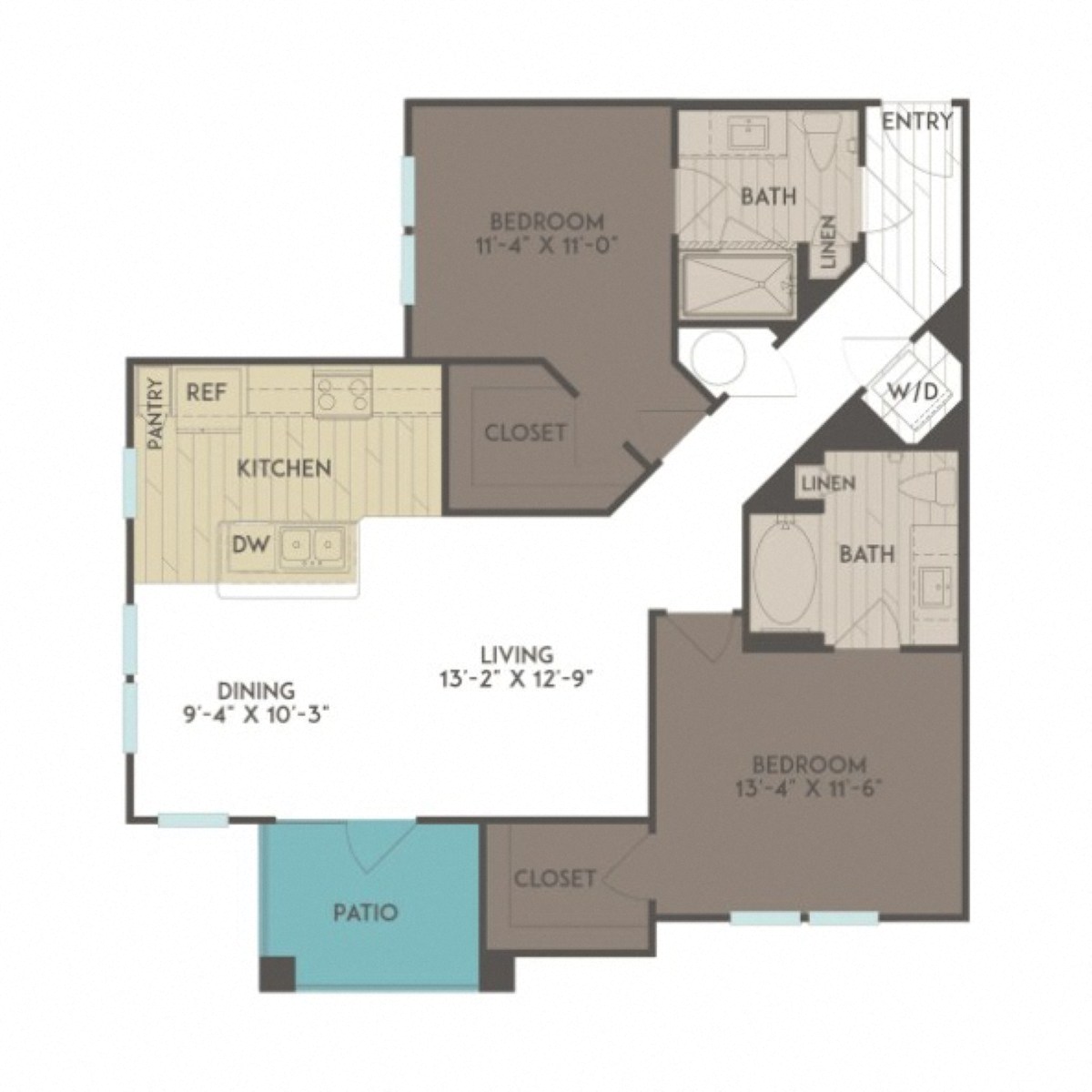 Floor plan for 2 beds, 2 baths, 1073 sqft
